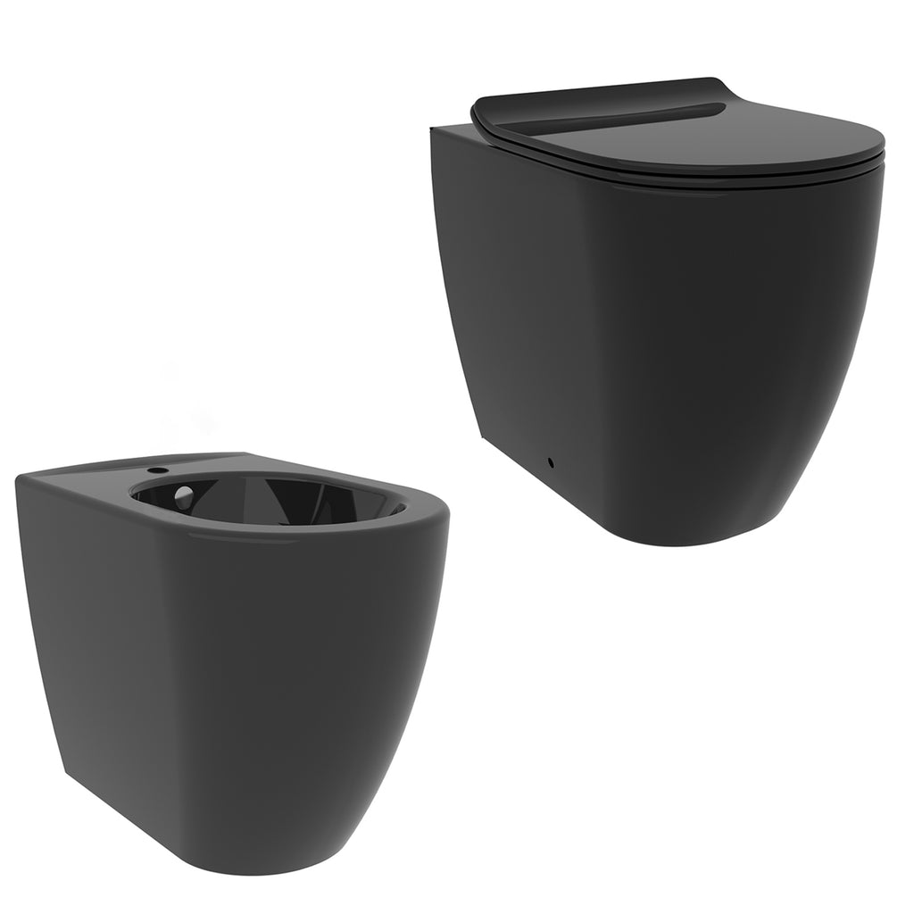 Sanitari filomuro collezione Tiara di Linpha Sanitary cm 36x53 senza brida con copriwater soft close -Nero Opaco