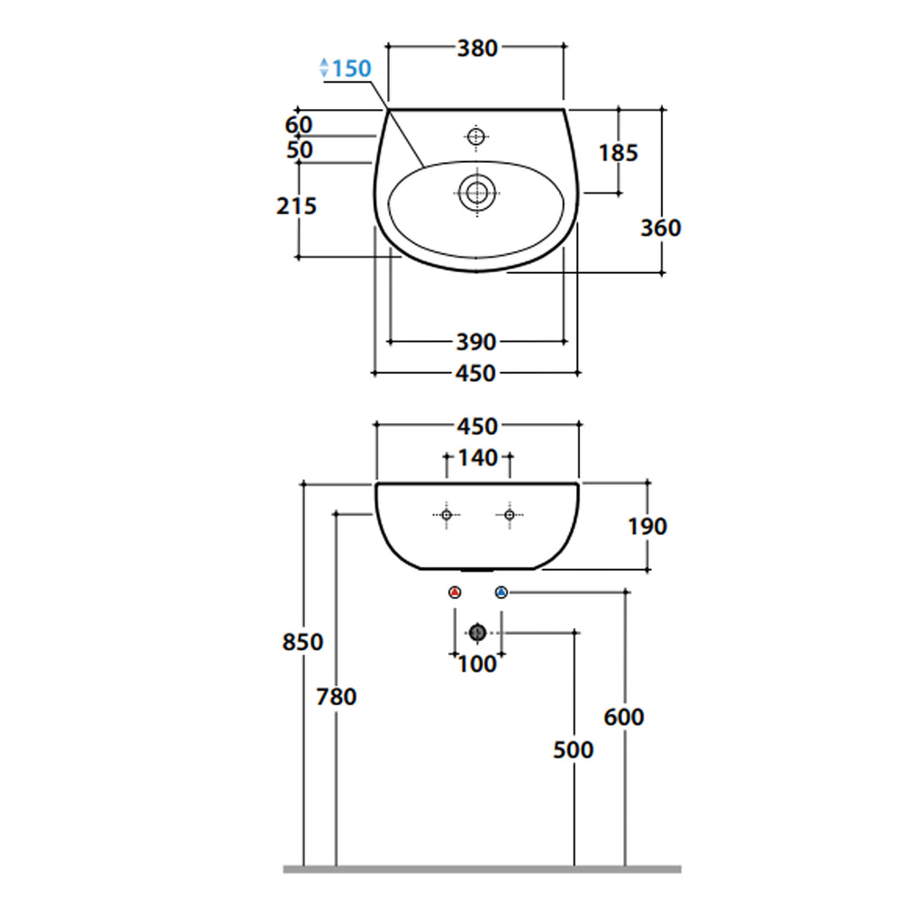 Lavabo sospeso Grace di Ceramica Globo 45x36 cm con chiusura scarico e troppopieno - Bianco