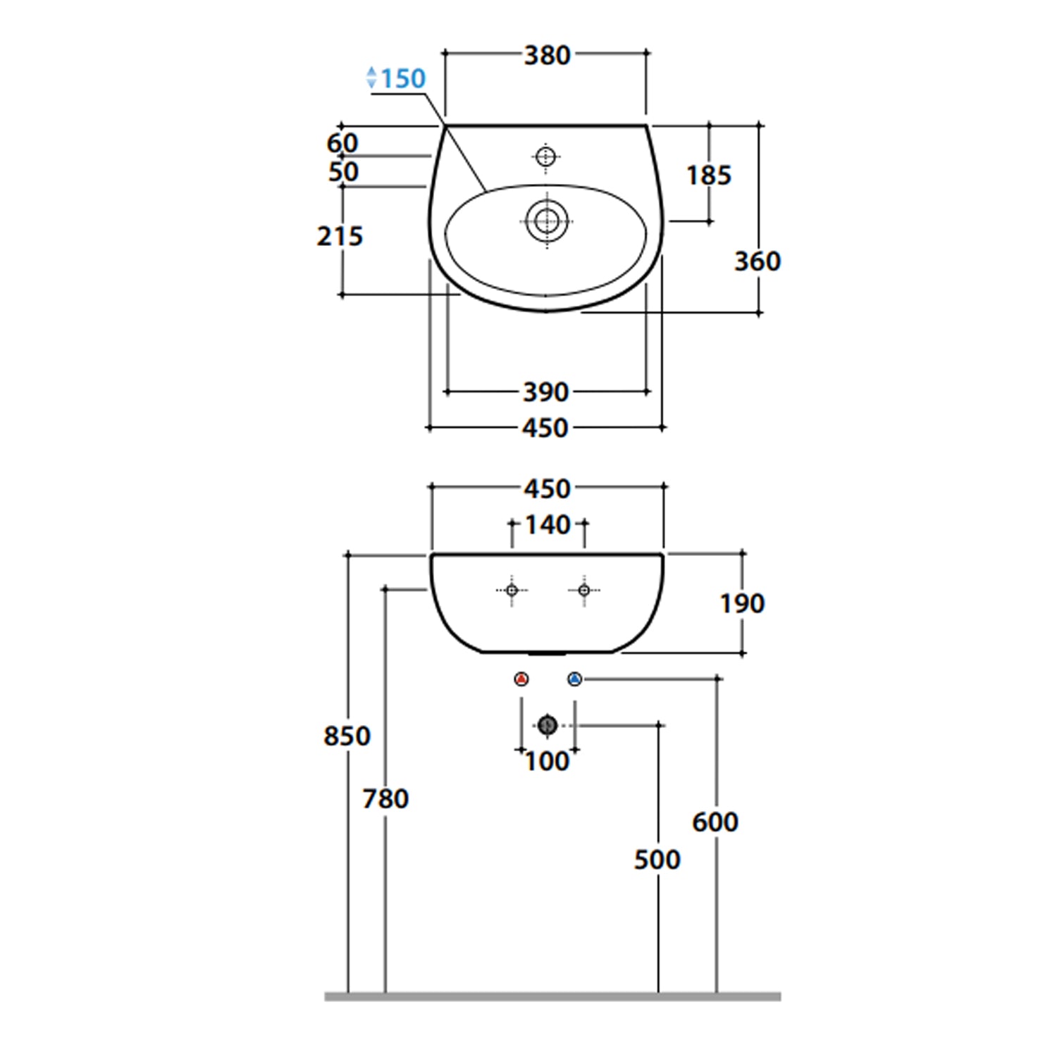 Lavabo sospeso Grace di Ceramica Globo 45x36 cm con chiusura scarico e troppopieno - Bianco