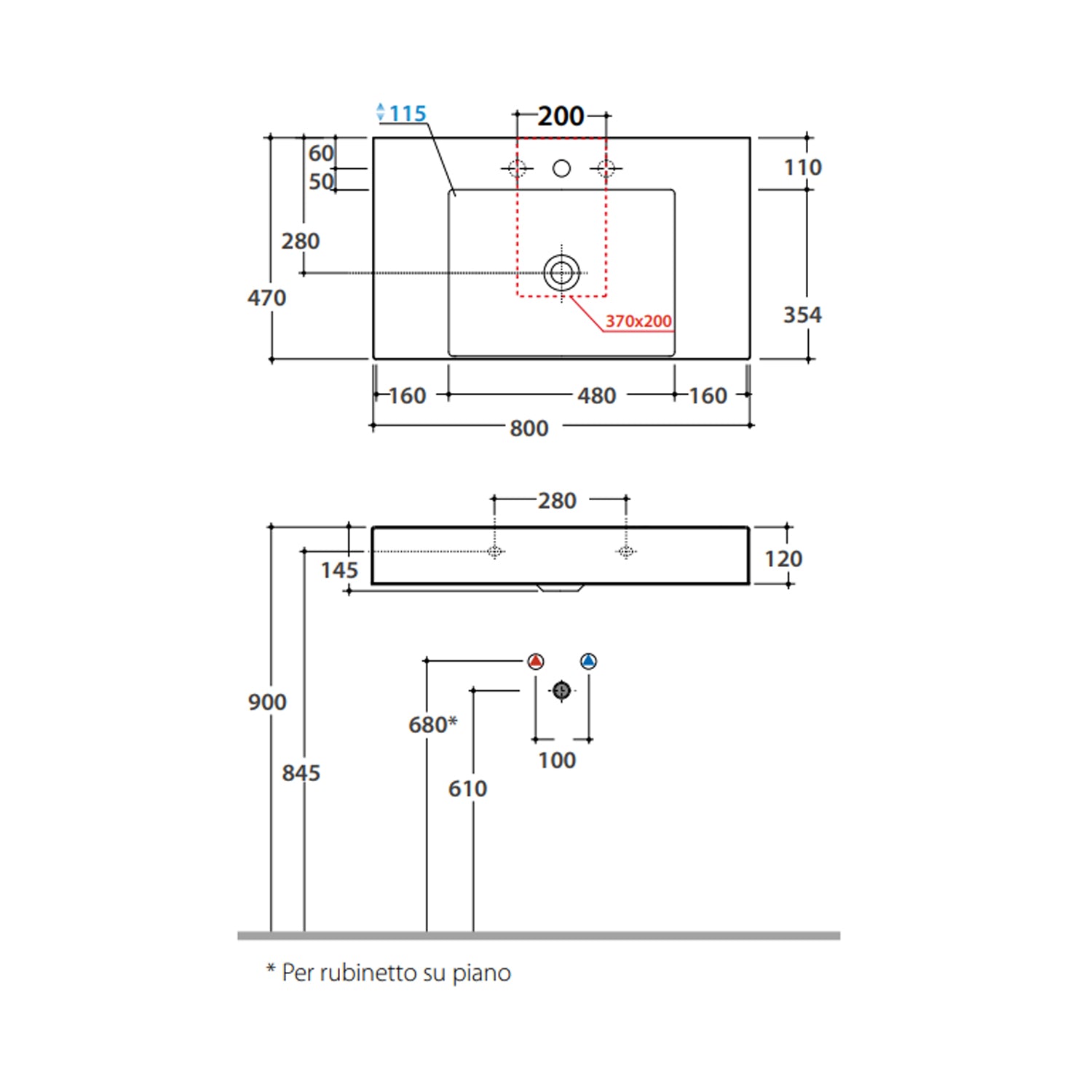 Lavabo rettangolare con piani laterali T-Edge 80x47x12 cm Ceramica Globo â€“ Bianco lucido
