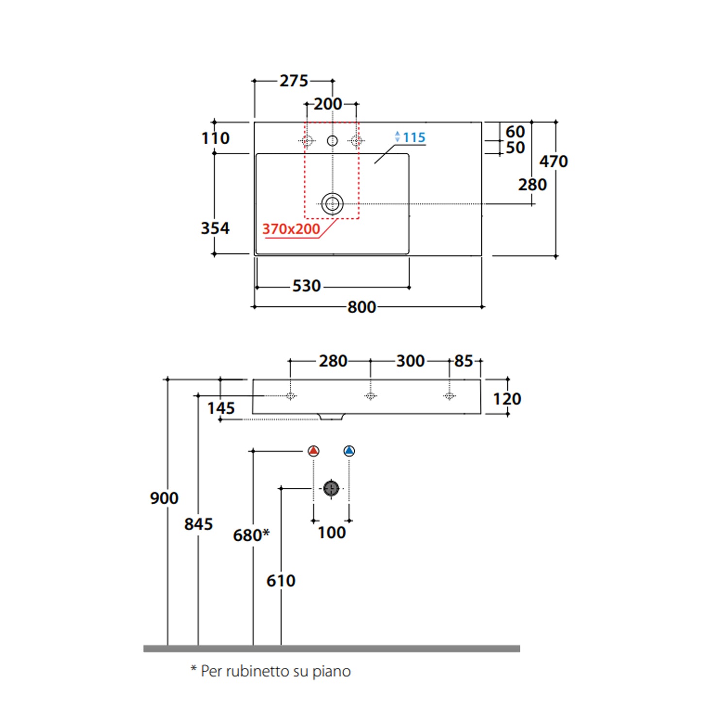 Lavabo rettangolare con piano a destra T-Edge 80x47x12 cm Ceramica Globo â€“ Bianco lucido