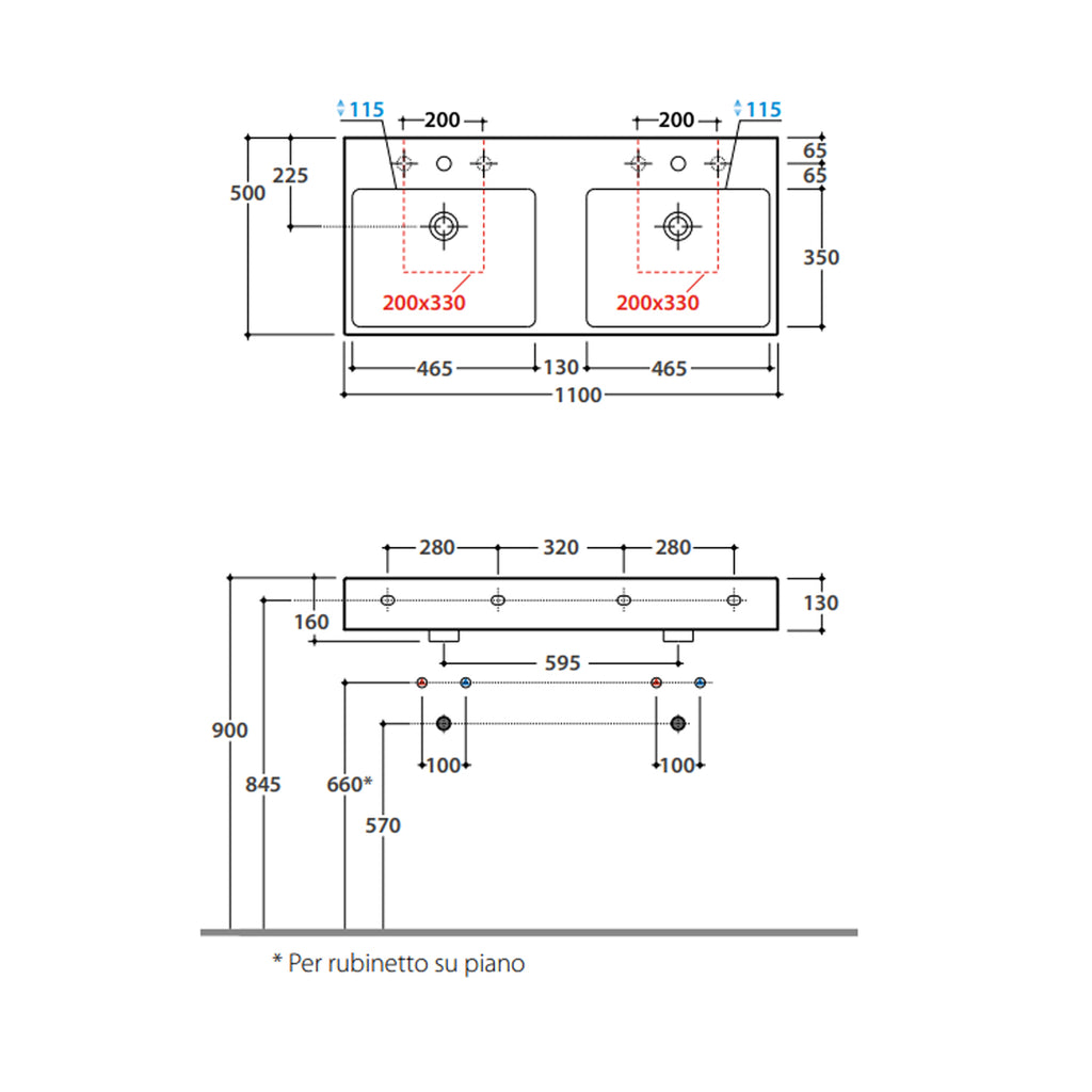 Lavabo doppia vasca Stone 110x50x13 cm Ceramica Globo â€“ Bianco lucido