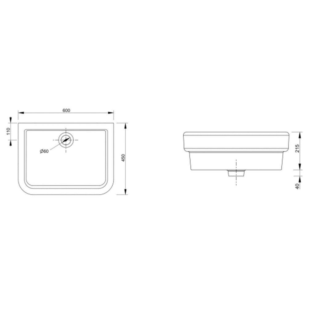 Lavabo sospeso modello Virginia in ceramica 60x45 cm H. 21 cm