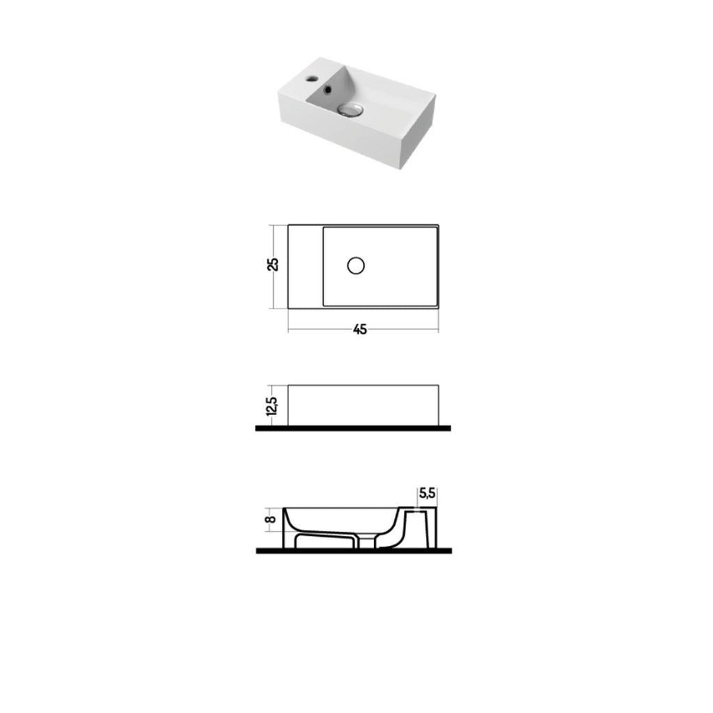 Lavamani rettangolare da appoggio o parete in ceramica bianca lucida 45x25cm serie Slim Square Disegno-Ceramica