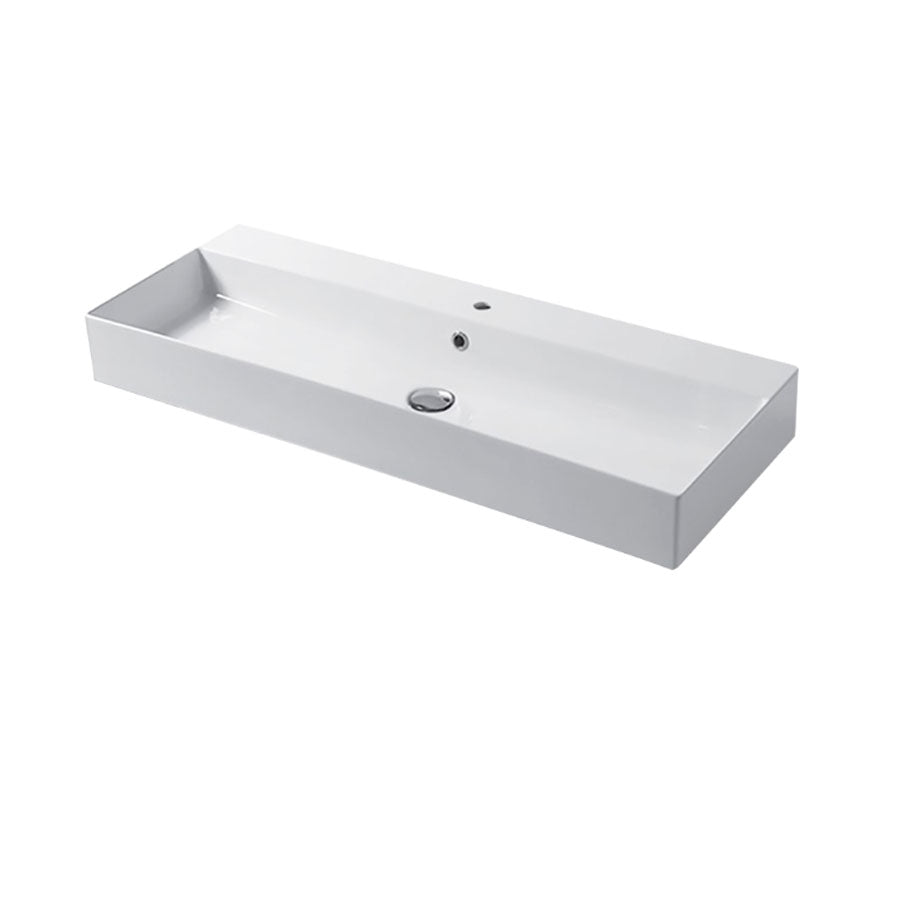 Lavabo rettangolare da appoggio o sospeso in ceramica bianca lucida 100x46 cm con foro per rubinetto Disegno-Ceramica