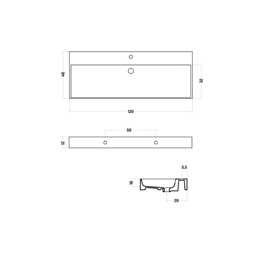 Lavabo rettangolare da appoggio o sospeso in ceramica bianca lucida 100x46 cm con foro per rubinetto Disegno-Ceramica