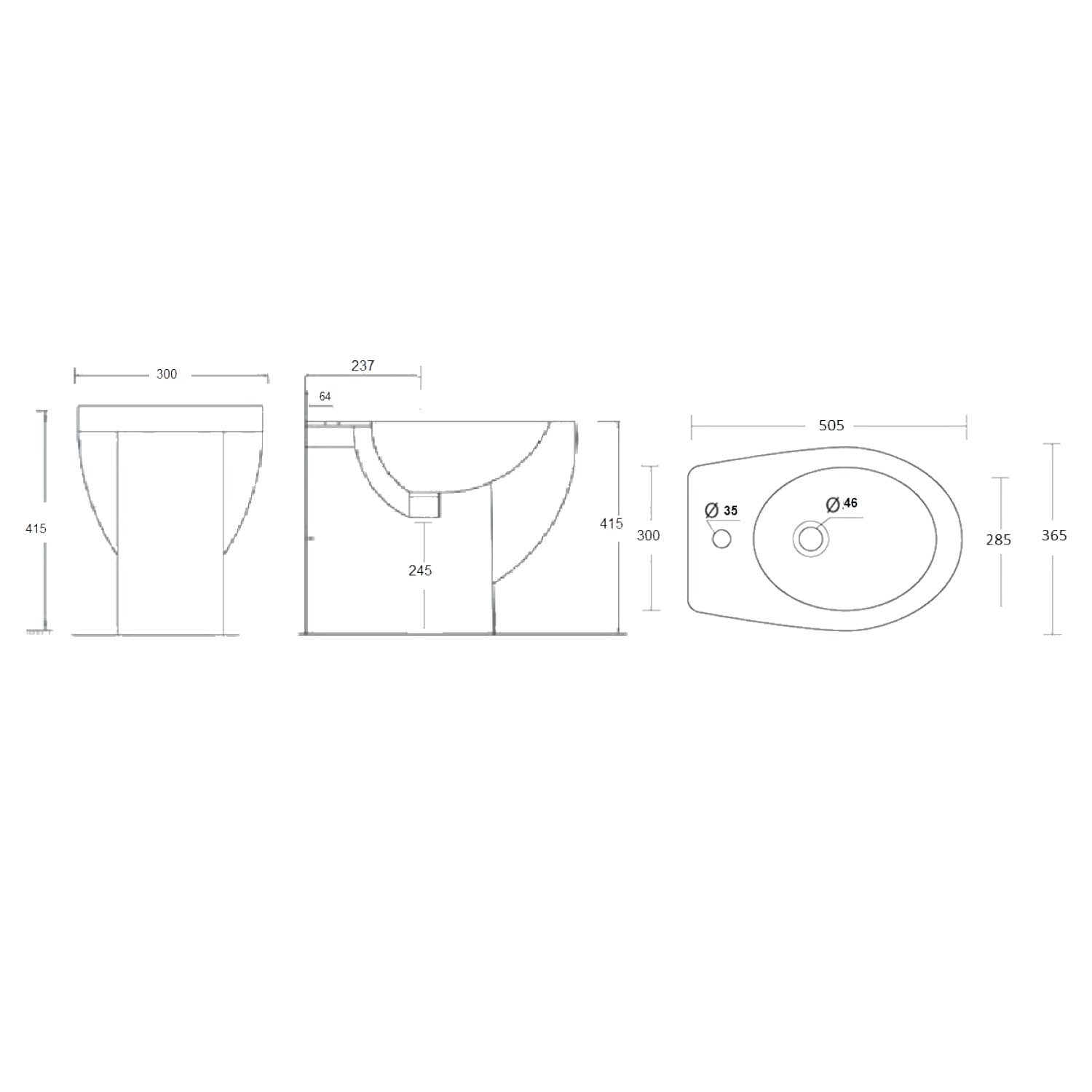 Bidet filomuro in ceramica bianca lucida serie Colosseo cm 50