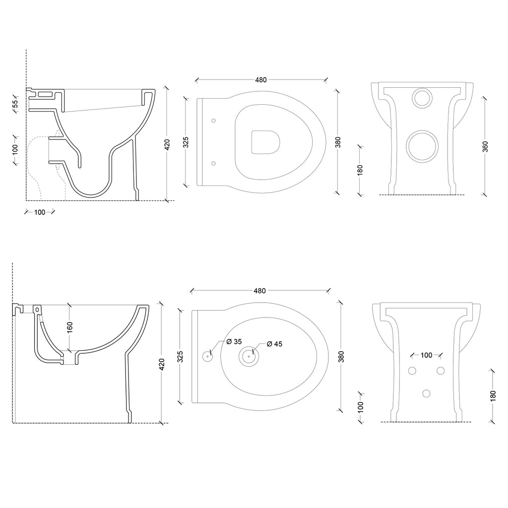 Sanitari filomuro con scarico universale e sedile soft close serie Isola cm 48x38 - Bianco Opaco
