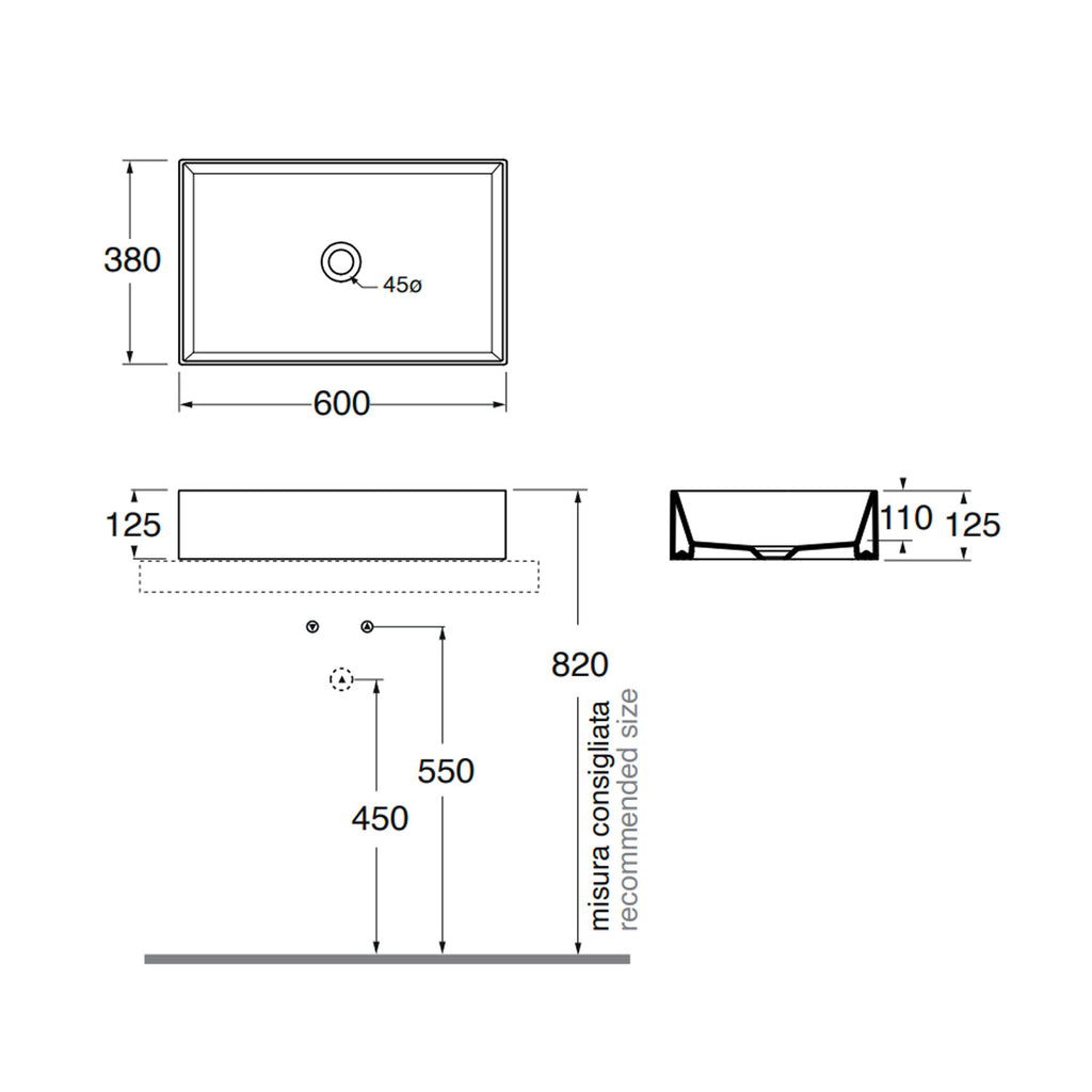 Lavabo da appoggio 60x38 cm Ceramica Azzurra Elegance Squared Bianco Lucido