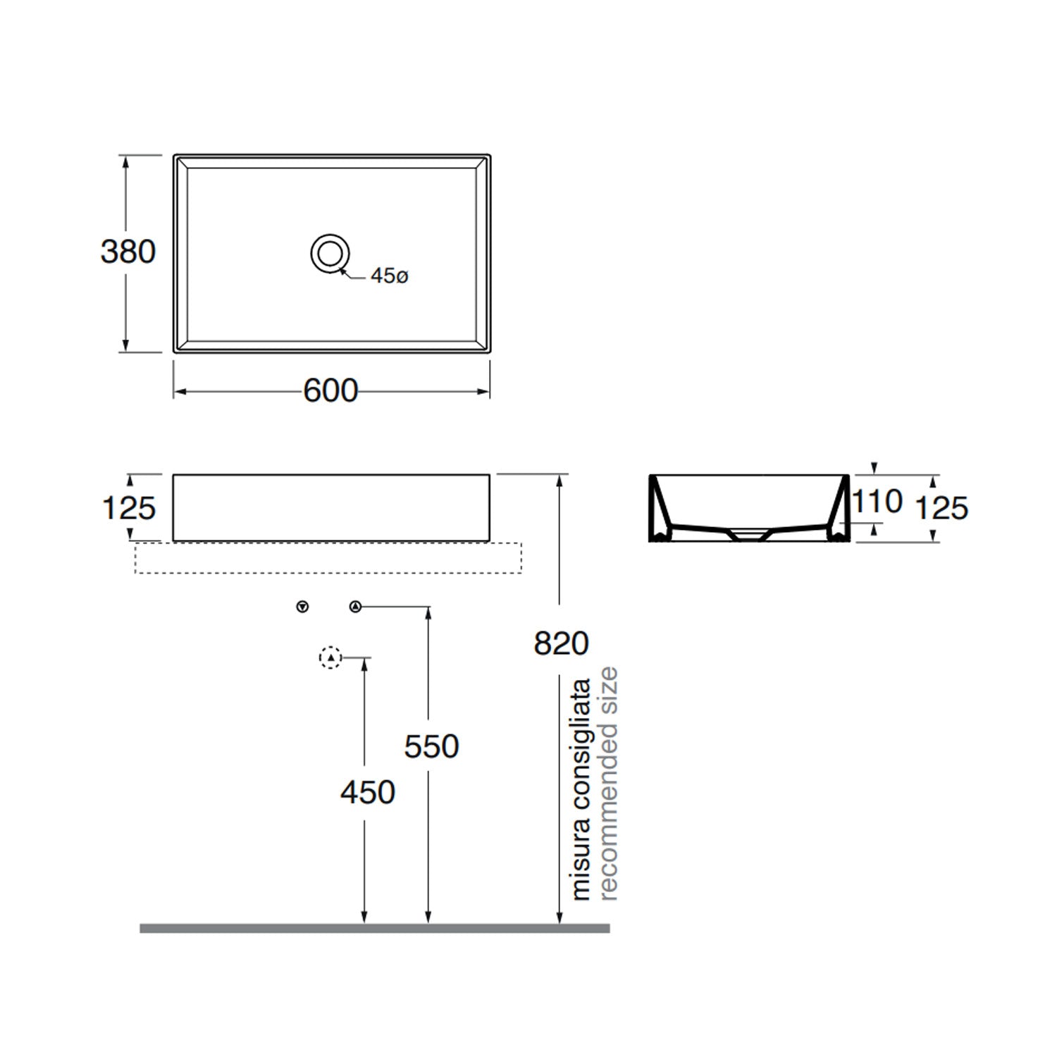 Lavabo da appoggio 60x38 cm Ceramica Azzurra Elegance Squared Bianco Lucido