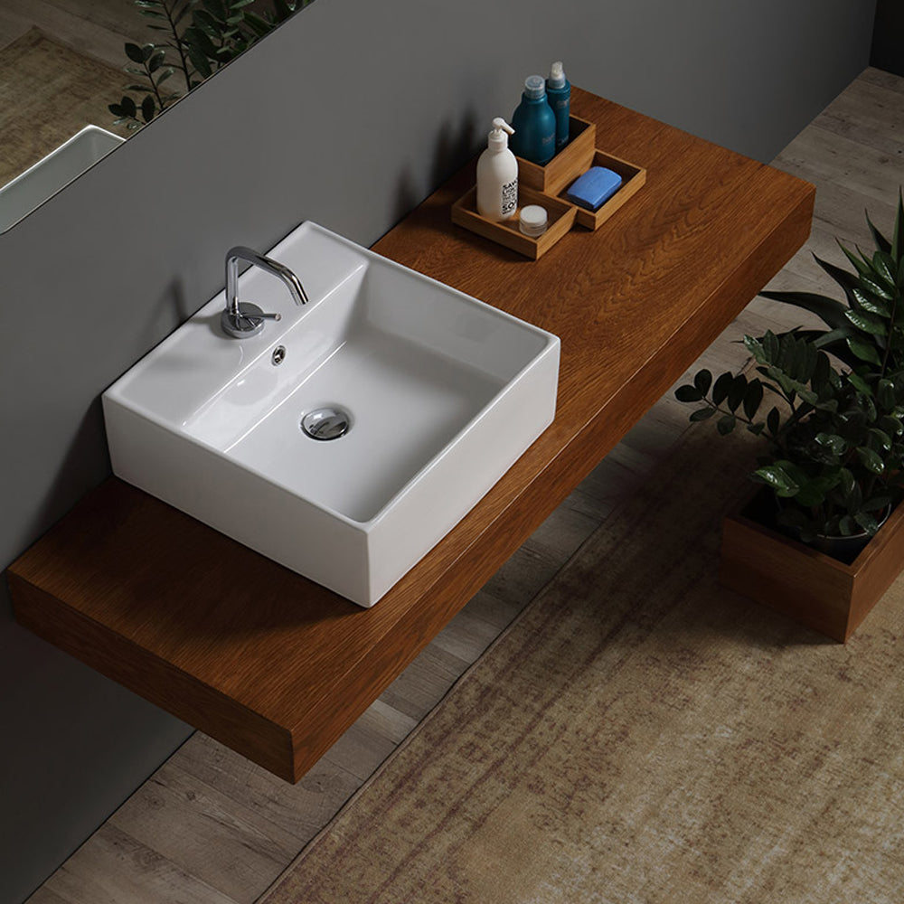 Lavabo d'appoggio quadrato con troppo pieno e foro rubinetto Nero Ceramica cm 47x47x16h