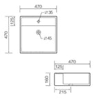 Lavabo d'appoggio quadrato con troppo pieno e foro rubinetto Nero Ceramica cm 47x47x16h