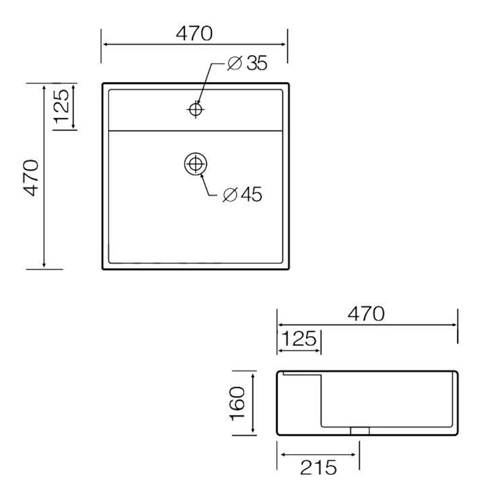 Lavabo d'appoggio quadrato con troppo pieno e foro rubinetto Nero Ceramica cm 47x47x16h