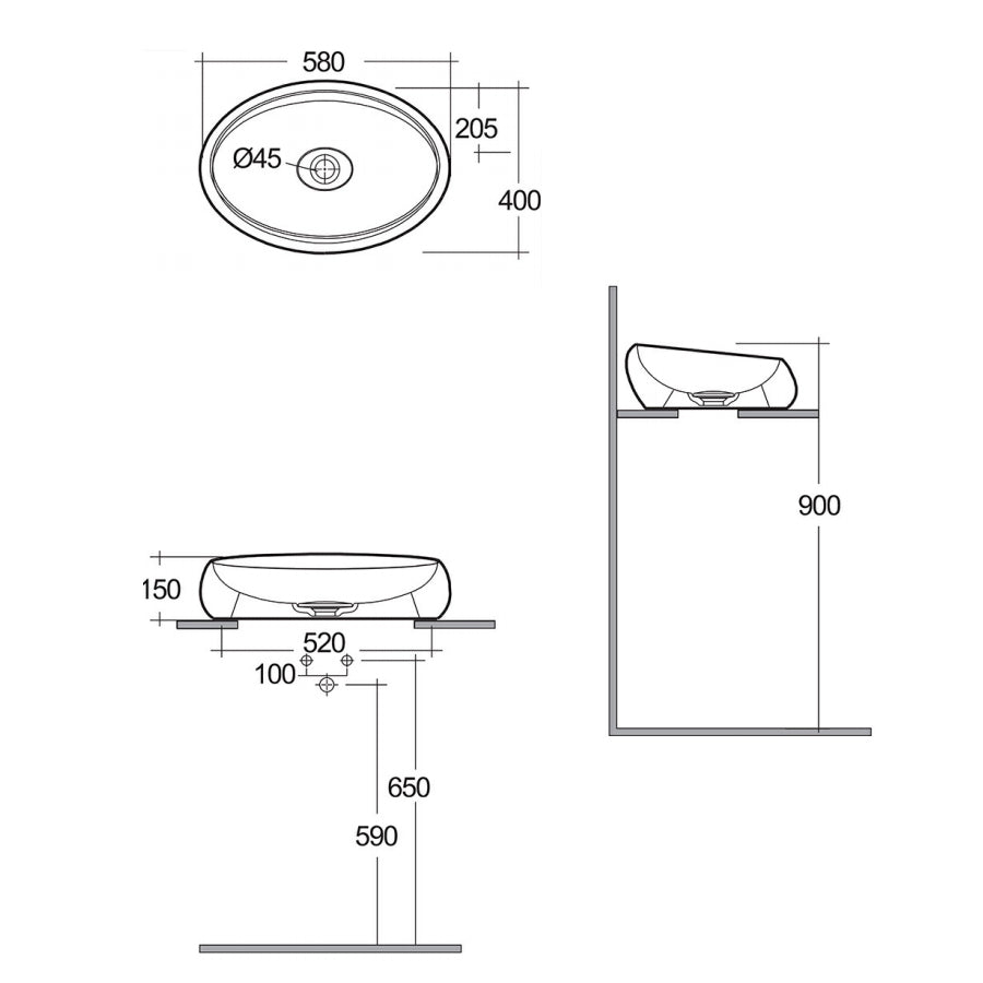 Lavabo da appoggio modello Cloud Rak Ceramics cm 58x40 ceramica bianco opaco