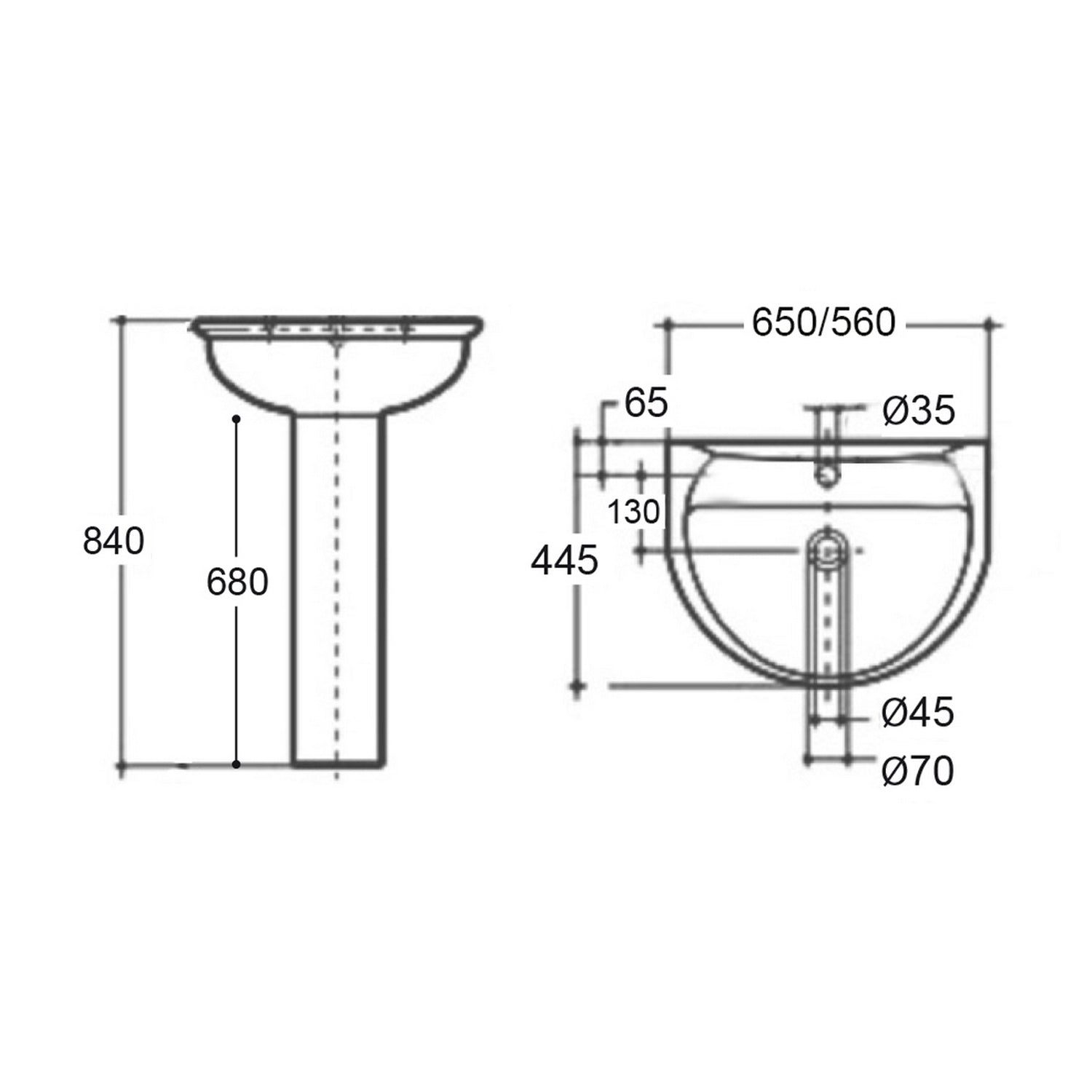 Lavabo Serie Kaila Monoforo con troppopieno L. 65 cm in Ceramica Bianca