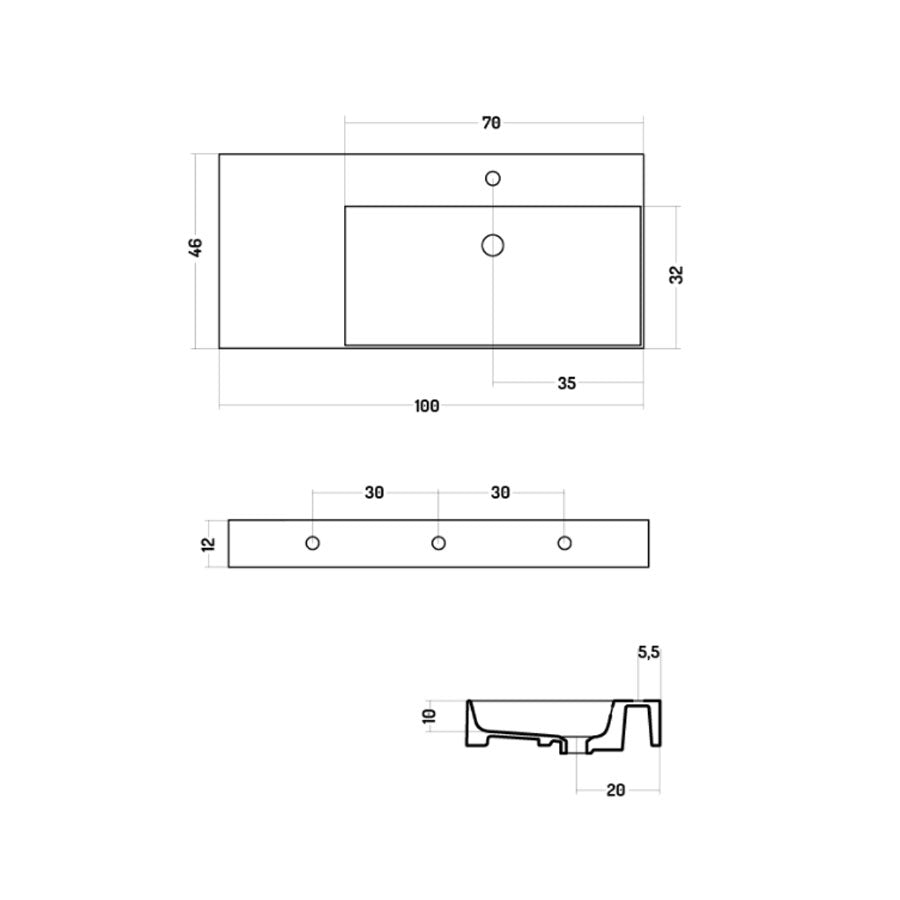 Lavabo da appoggio/sospeso in ceramica bianca lucida serie Slim square Disegno-Ceramica con piano appoggio sulla sinistra
