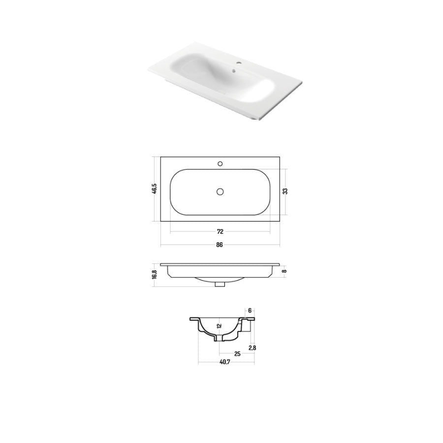 Lavabo da incasso rettangolare in ceramica bianca lucida 86x46cm serie Soft Disegno-Ceramica
