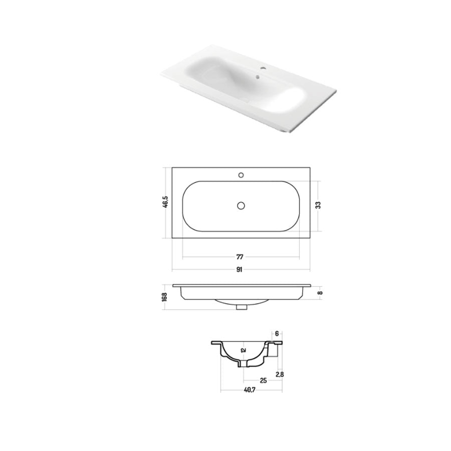 Lavabo da incasso rettangolare in ceramica bianca lucida 96x46cm serie Soft Disegno-Ceramica