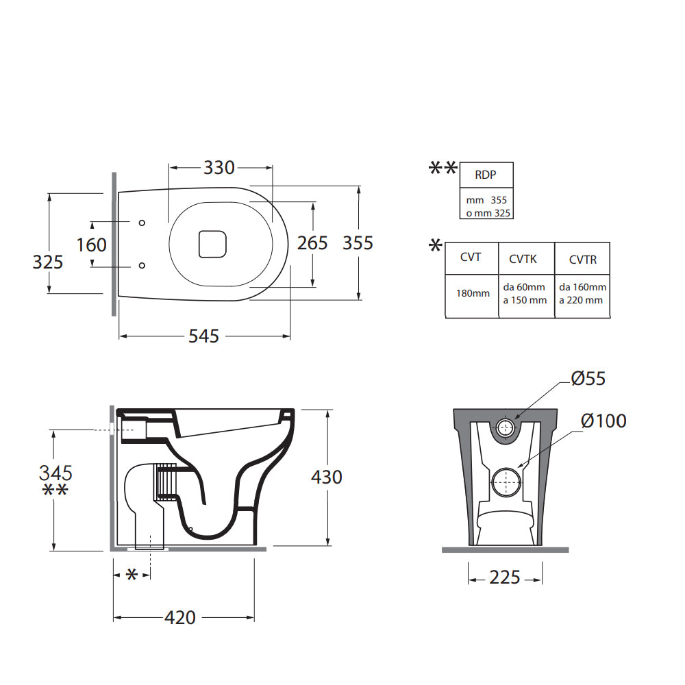 Sanitari filomuro Experience-bidet wc senza brida con scarico traslato e sedile soft close 54