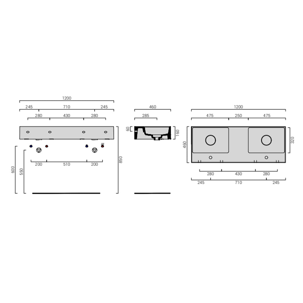 Lavabo lavatrucco doppia vasca Domus Falerii 120x46 cm installazione sospesa o da appoggio