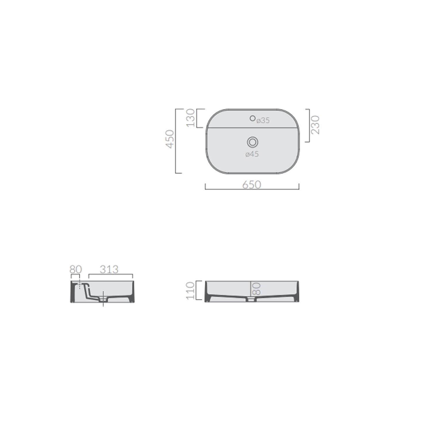 Lavabo da appoggio rettangolare con angoli stondati serie Smart-B di Ceramica Galassia -  Bianco matt 65x45cm
