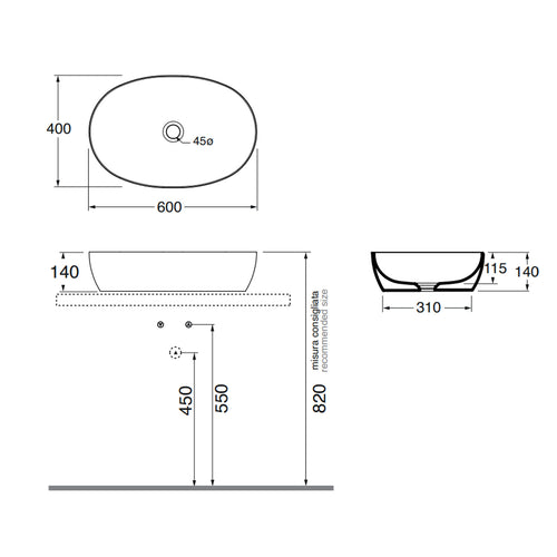 Lavabo da Appoggio modello Elegance 60x40 Ceramica Azzurra con bordo sottile