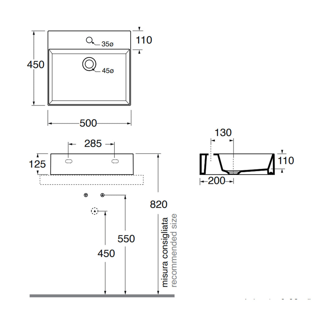 Lavabo da appoggio squadrato Ceramica Azzurra Elegance 50x45 cm - Cotone
