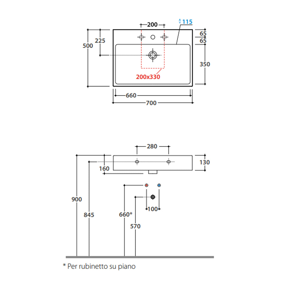 Lavabo rettangolare Stone 70x50x13 cm Ceramica Globo â€“ Bianco lucido