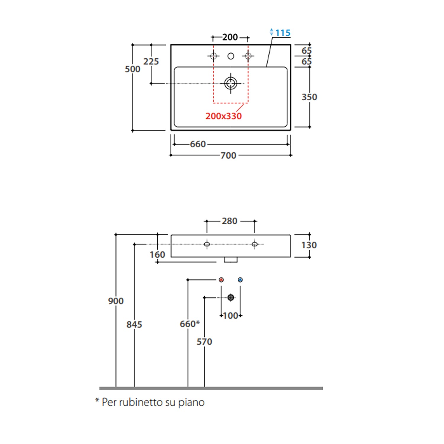 Lavabo rettangolare Stone 70x50x13 cm Ceramica Globo â€“ Bianco lucido