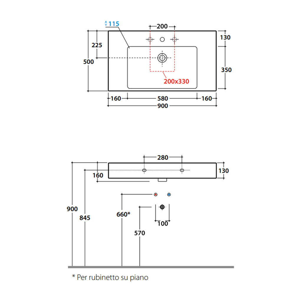 Lavabo rettangolare con piani laterali Stone 90x50x13 cm Ceramica Globo â€“ Bianco lucido