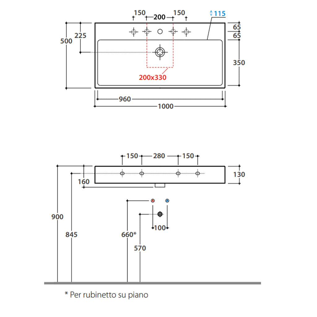 Lavabo rettangolare Stone 100x50x13 cm Ceramica Globo â€“ Bianco lucido