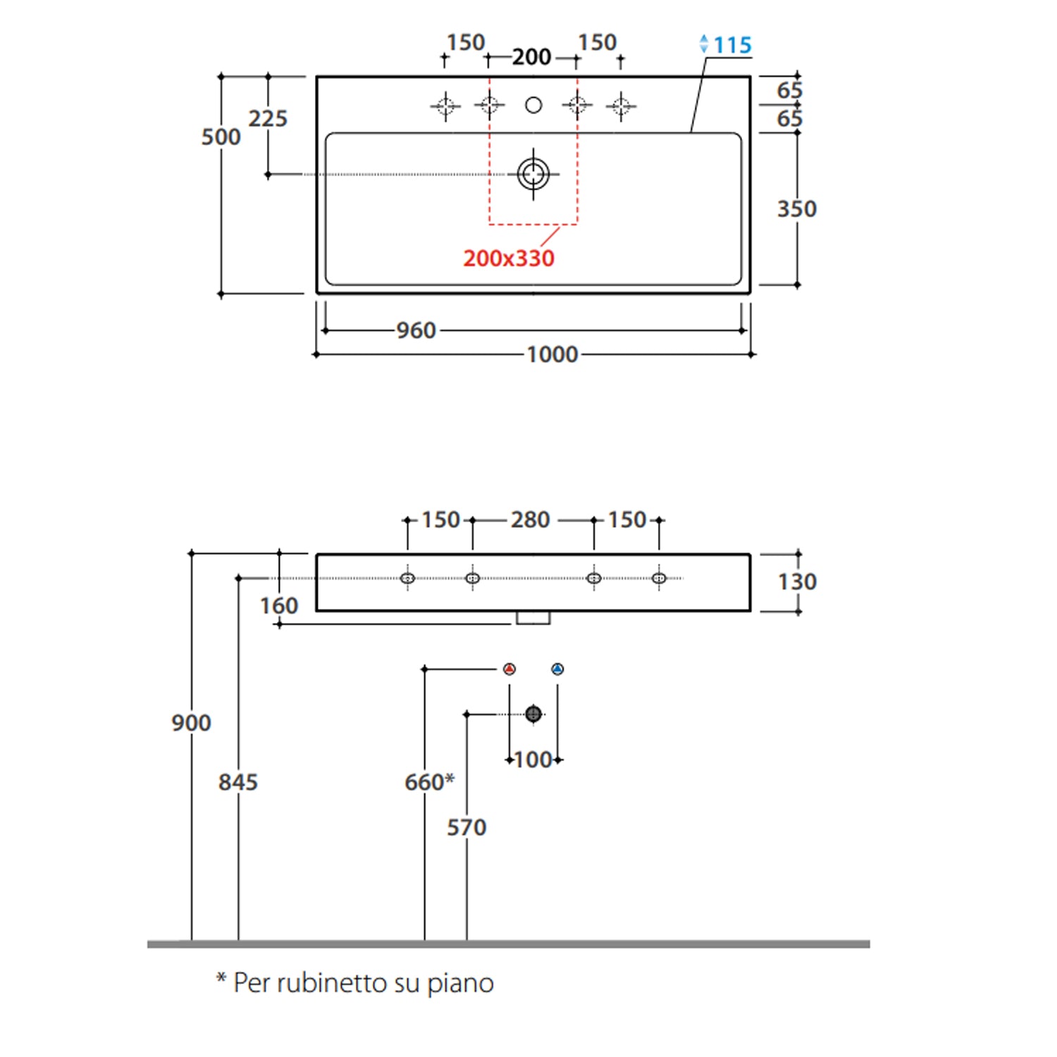 Lavabo rettangolare Stone 100x50x13 cm Ceramica Globo â€“ Bianco lucido