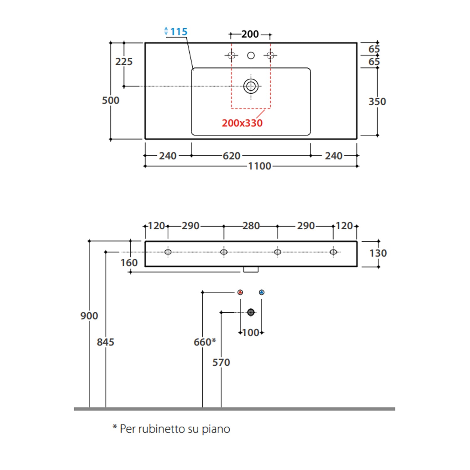 Lavabo rettangolare con piani laterali Stone 110x50x13 cm Ceramica Globo â€“ Bianco lucido