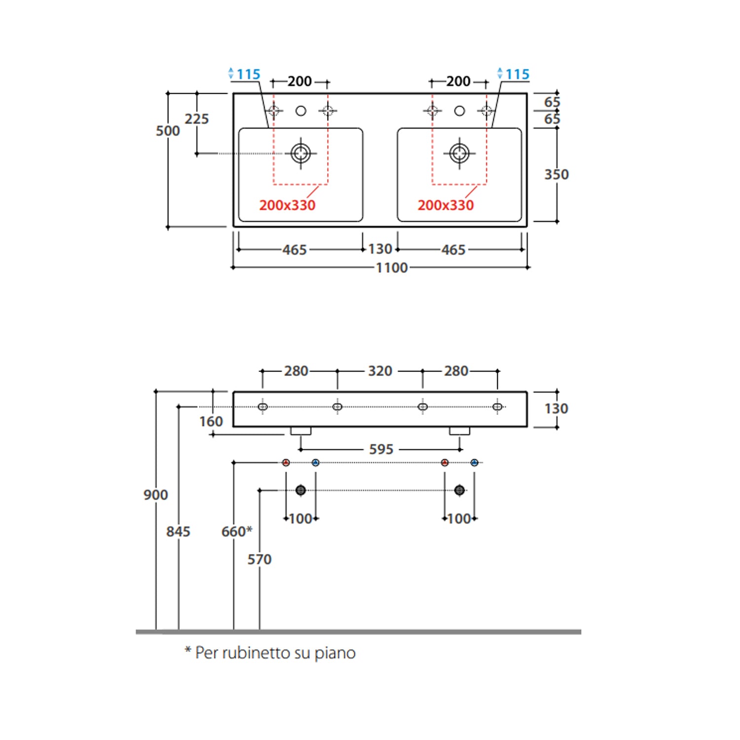 Lavabo doppia vasca Stone 110x50x13 cm Ceramica Globo â€“ Bianco lucido