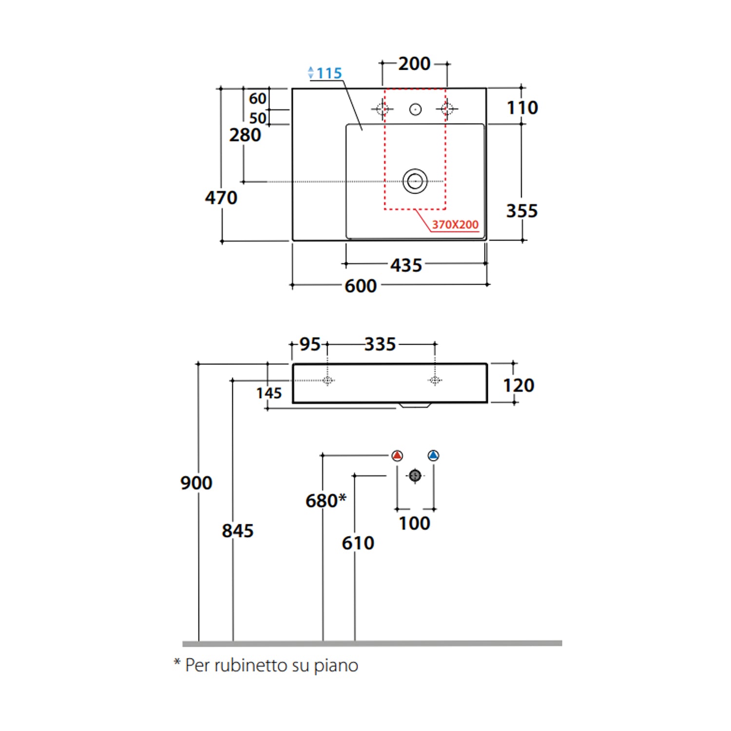 Lavabo rettangolare con piano a sinistra T-Edge 60x47x12 cm Ceramica Globo â€“ Bianco lucido