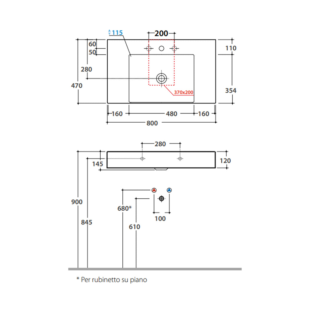 Lavabo rettangolare con piani laterali T-Edge 80x47x12 cm Ceramica Globo â€“ Bianco lucido
