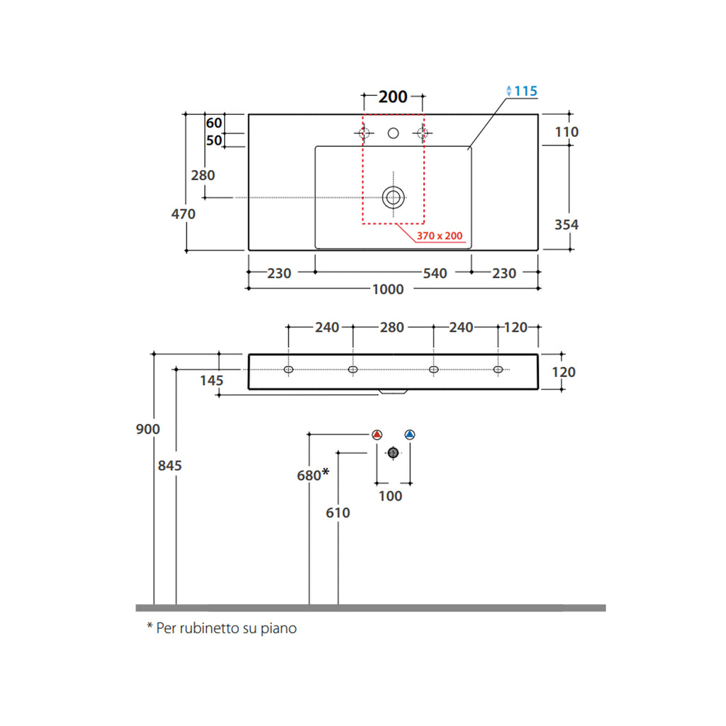 Lavabo rettangolare con piani laterali T-Edge 100x47x12 cm Ceramica Globo â€“ Bianco lucido