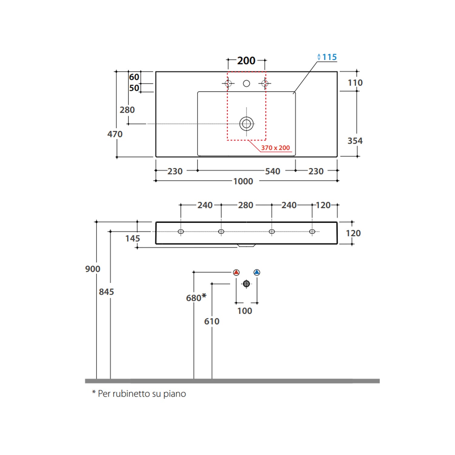 Lavabo rettangolare con piani laterali T-Edge 100x47x12 cm Ceramica Globo â€“ Bianco lucido