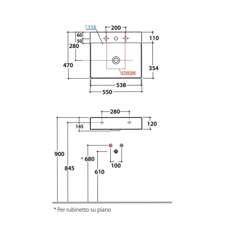 Lavabo rettangolare T-Edge 55x47x12 cm Ceramica Globo â€“ Bianco lucido