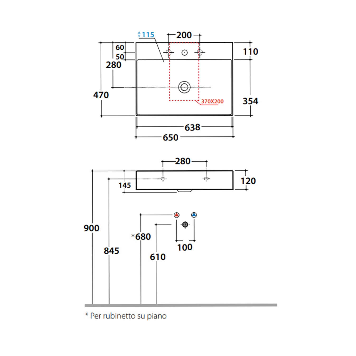 Lavabo rettangolare T-Edge 65x47x12 cm Ceramica Globo â€“ Bianco lucido