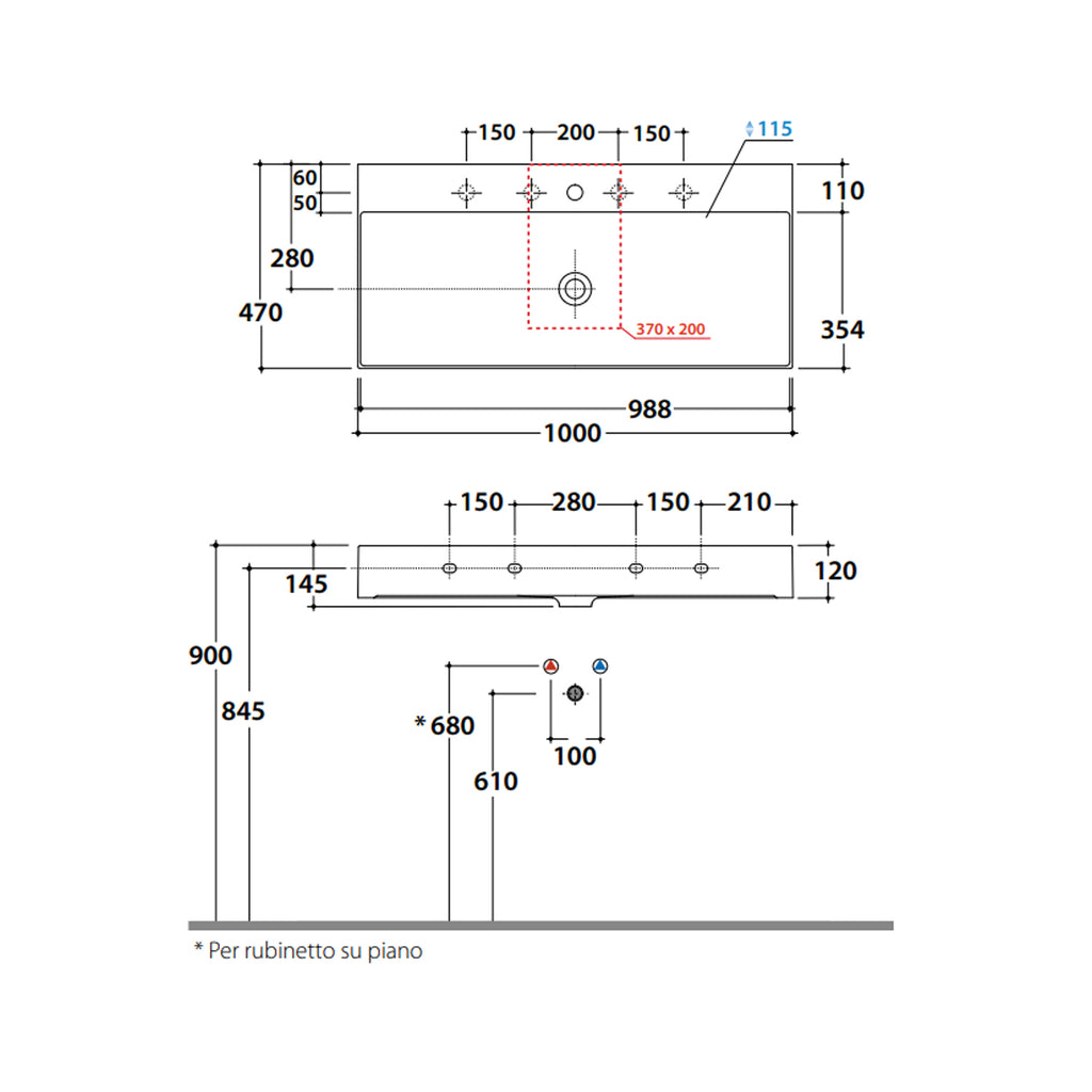 Lavabo rettangolare T-Edge 100x47x12 cm Ceramica Globo â€“ Bianco lucido