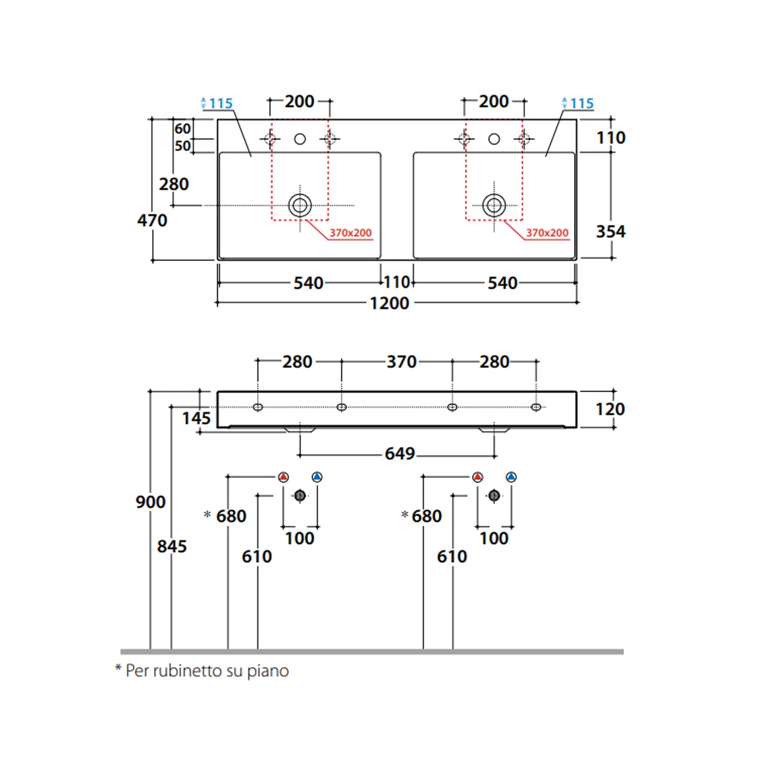 Lavabo doppia vasca T-Edge 120x47x12 cm Ceramica Globo â€“ Bianco lucido