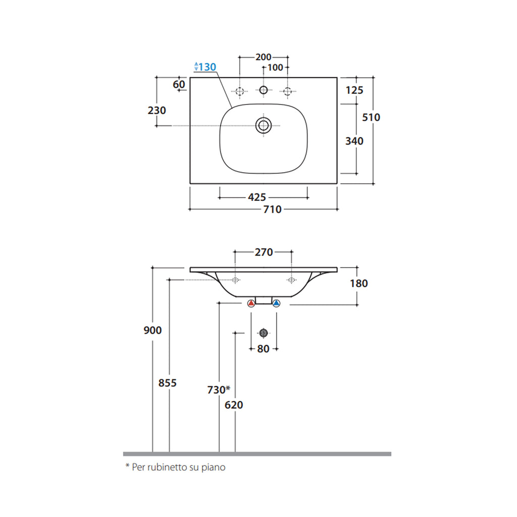Lavabo sospeso o su base Boulevard 71x51x18 cm Ceramica Globo - Bianco lucido