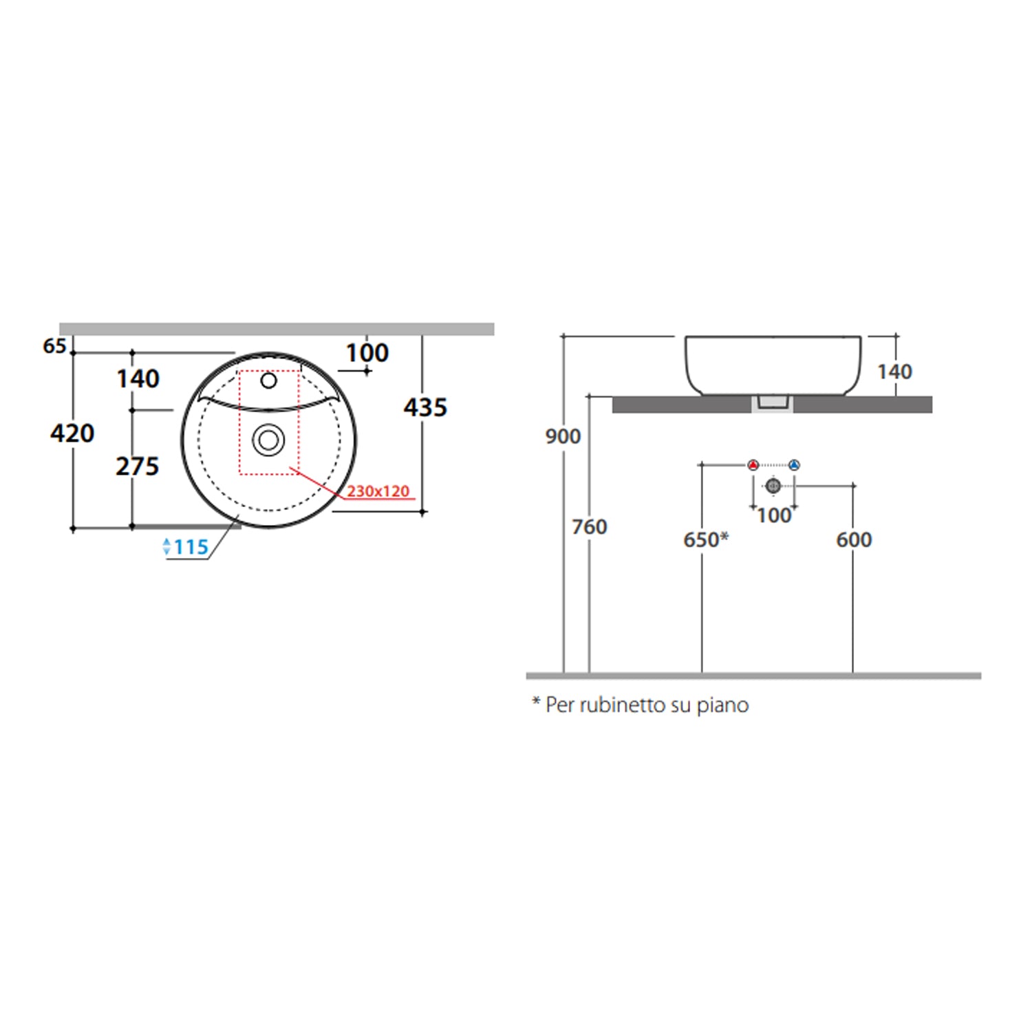 Lavabo rotondo da appoggio Koi Ã¸42x14 cm Ceramica Globo con foro rubinetteria - Bianco lucido