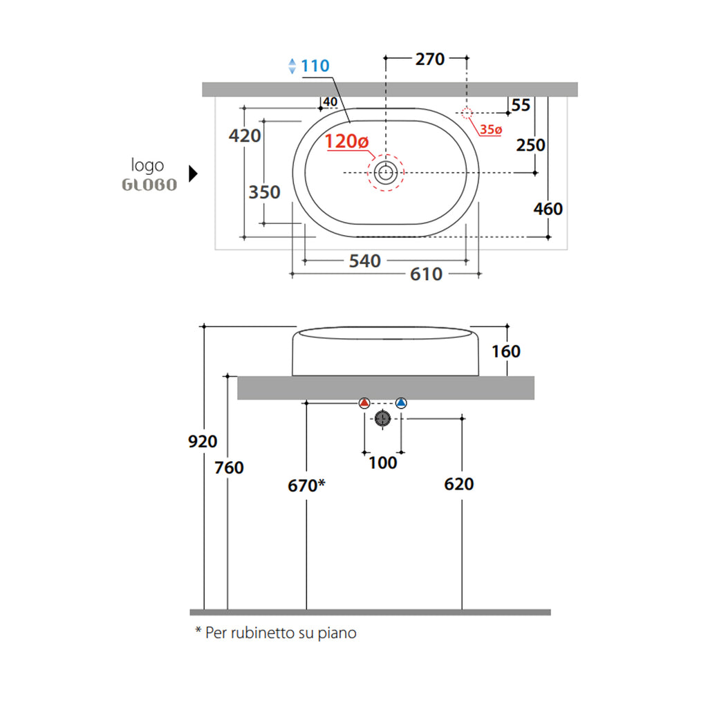 Lavabo da appoggio modello Lalita 61x42x16 cm Ceramica Globo - Bianco lucido LT061.BI