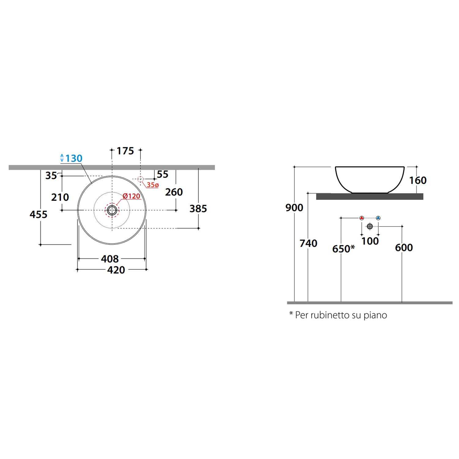 Lavabo tondo Globo T-Edge Ã˜42x16 cm - Bianco lucido