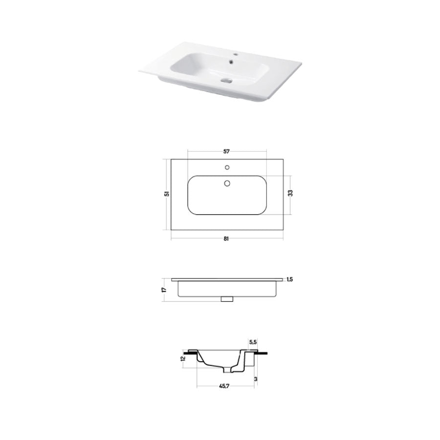 Lavabo a consolle in ceramica bianca lucida serie Qubo Square 51 Disegno-Ceramica 81cm