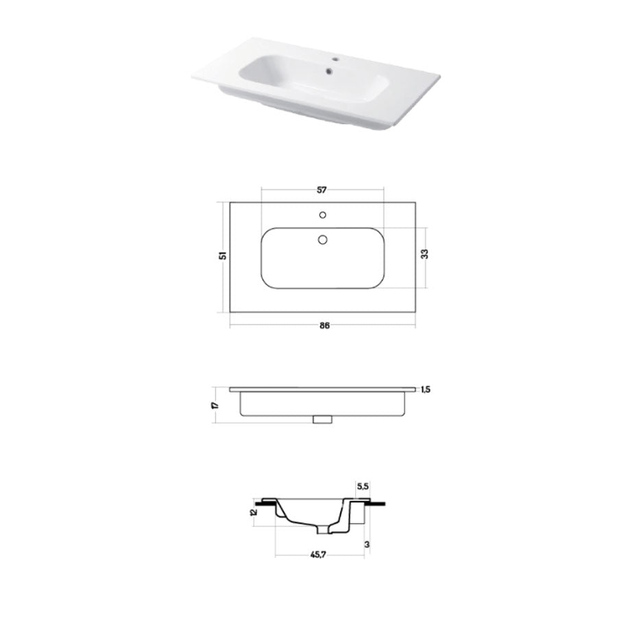 Lavabo a consolle in ceramica bianca lucida serie Qubo Square 51 Disegno-Ceramica 86cm