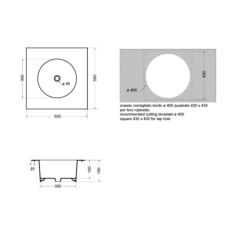 Lavabo da incasso quadrato con vasca tonda 55x55 cm profondo 19 cm - AXA Ceramiche