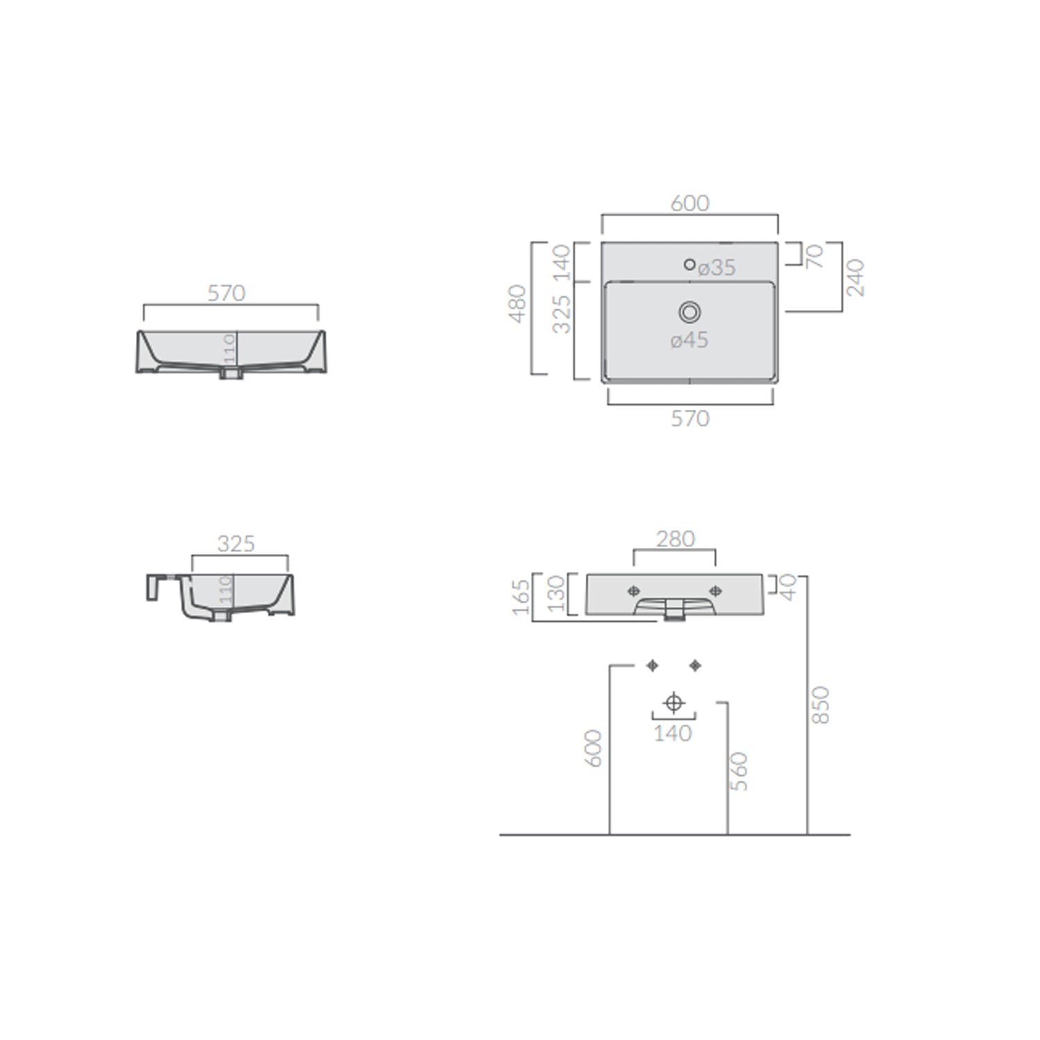 Lavabo rettangolare da appoggio/sospeso serie Plus Design di Ceramica Galassia -  Bianco lucido 60x48cm